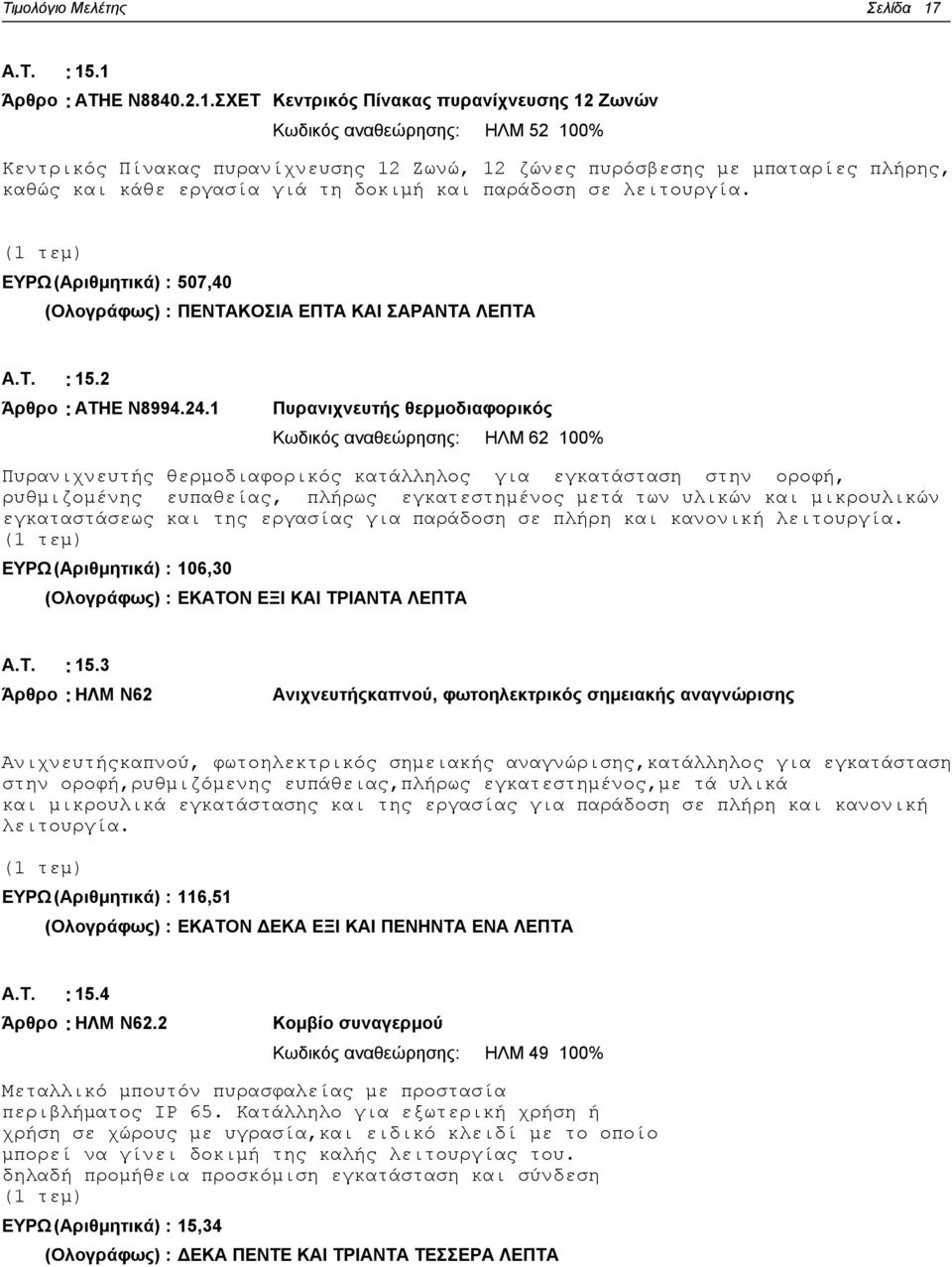 .1 Άρθρο : ΑΤΗΕ Ν8840.2.1.ΣΧΕΤ Κεντρικός Πίνακας πυρανίχνευσης 12 Ζωνών Κωδικός αναθεώρησης: ΗΛΜ 52 100% Κεντρικός Πίνακας πυρανίχνευσης 12 Ζωνώ, 12 ζώνες πυρόσβεσης με μπαταρίες πλήρης, καθώς και