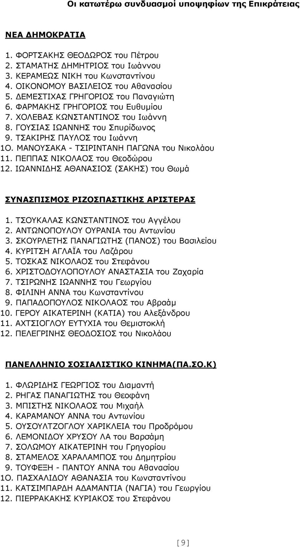 ΤΣΑΚΙΡΗΣ ΠΑΥΛΟΣ του Ιωάννη 1Ο. ΜΑΝΟΥΣΑΚΑ - ΤΣΙΡΙΝΤΑΝΗ ΠΑΓΩΝΑ του Νικολάου 11. ΠΕΠΠΑΣ ΝΙΚΟΛΑΟΣ του Θεοδώρου 12. ΙΩΑΝΝΙ ΗΣ ΑΘΑΝΑΣΙΟΣ (ΣΑΚΗΣ) του Θωµά ΣΥΝΑΣΠΙΣΜΟΣ ΡΙΖΟΣΠΑΣΤΙΚΗΣ ΑΡΙΣΤΕΡΑΣ 1.