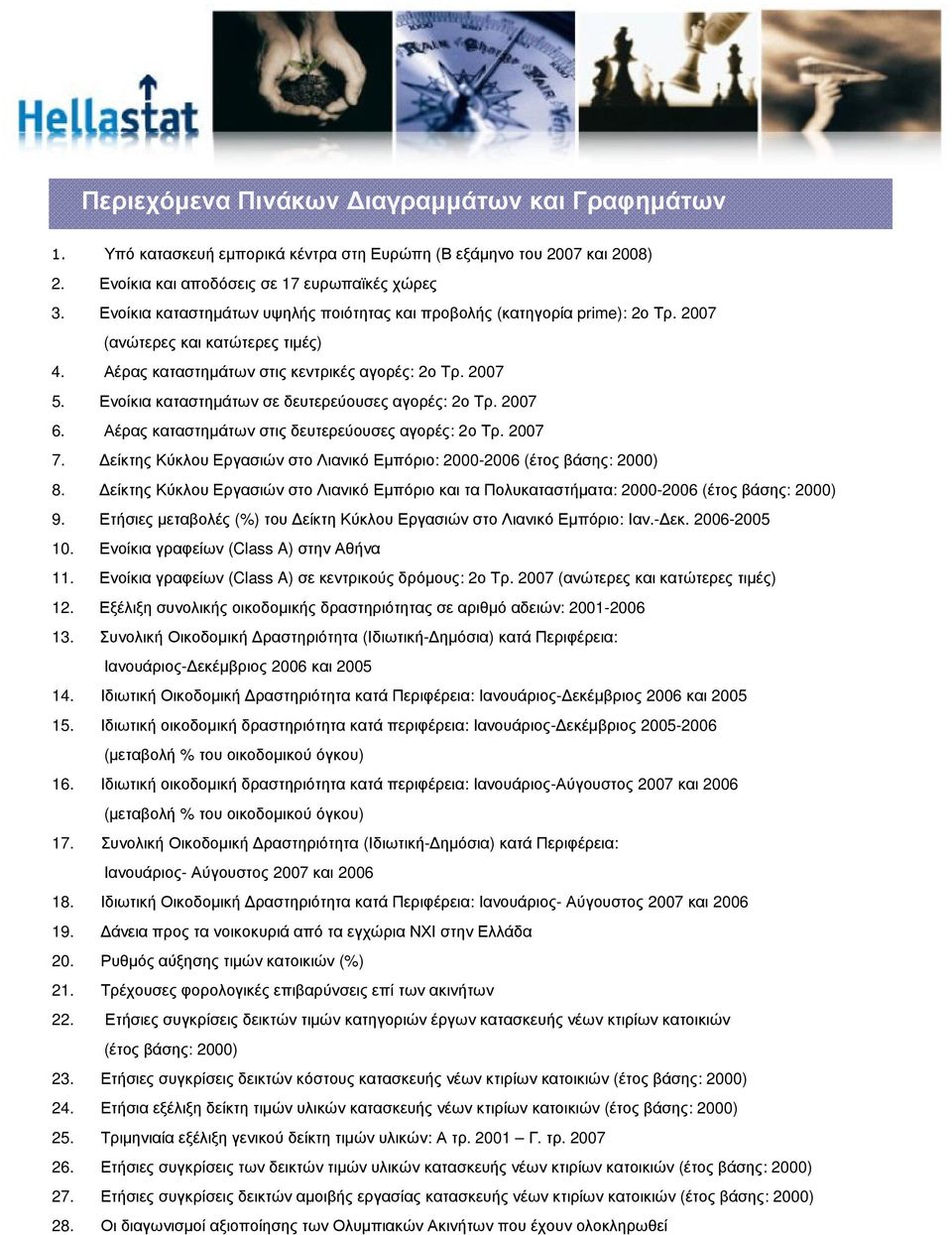 Ενοίκια καταστηµάτων σε δευτερεύουσες αγορές: 2ο Τρ. 2007 6. Αέρας καταστηµάτων στις δευτερεύουσες αγορές: 2ο Τρ. 2007 7. είκτης Κύκλου Εργασιών στο Λιανικό Εµπόριο: 2000-2006 (έτος βάσης: 2000) 8.