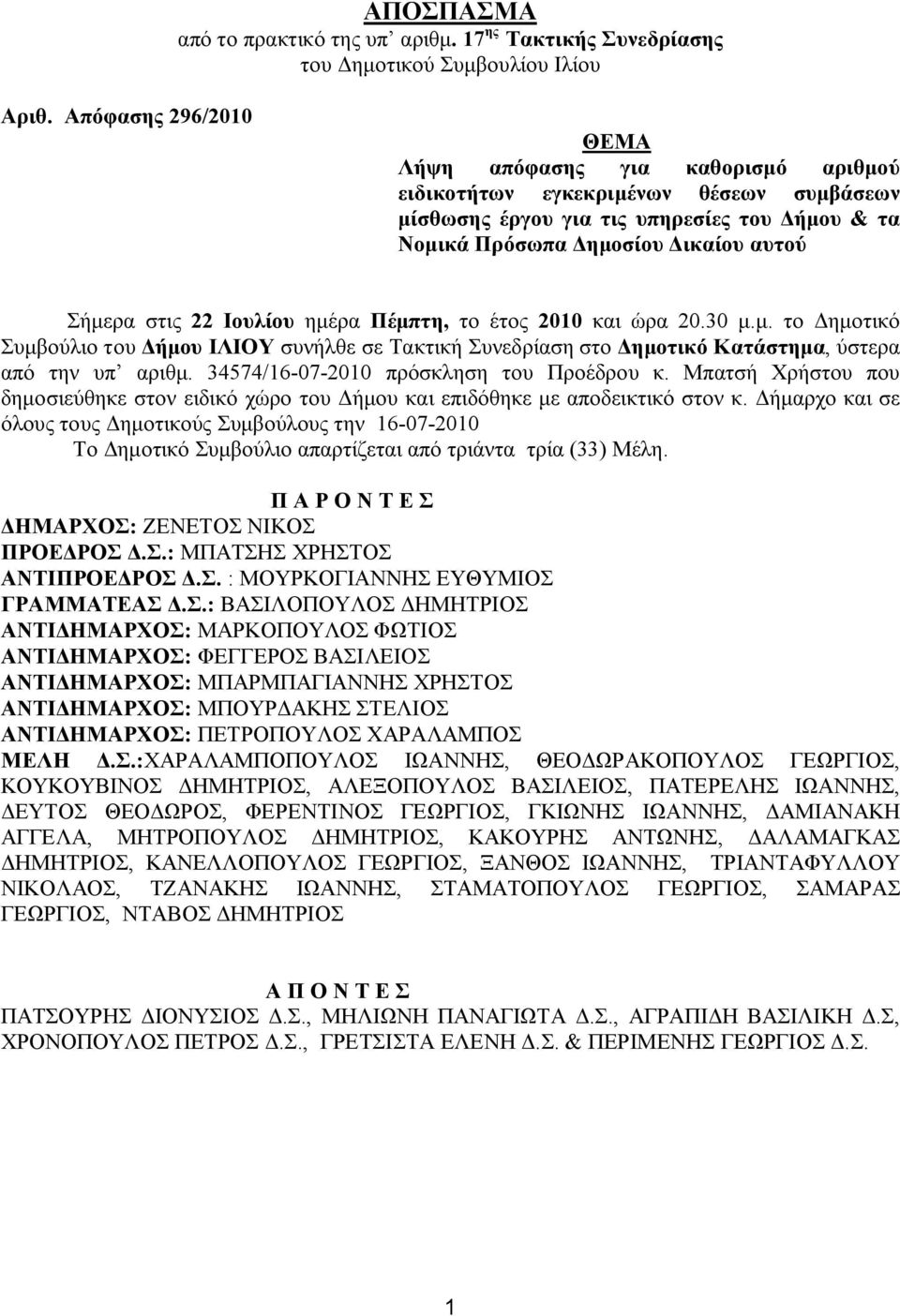 22 Ιουλίου ημέρα Πέμπτη, το έτος 2010 και ώρα 20.30 μ.μ. το Δημοτικό Συμβούλιο του Δήμου ΙΛΙΟΥ συνήλθε σε Τακτική Συνεδρίαση στο Δημοτικό Κατάστημα, ύστερα από την υπ αριθμ.
