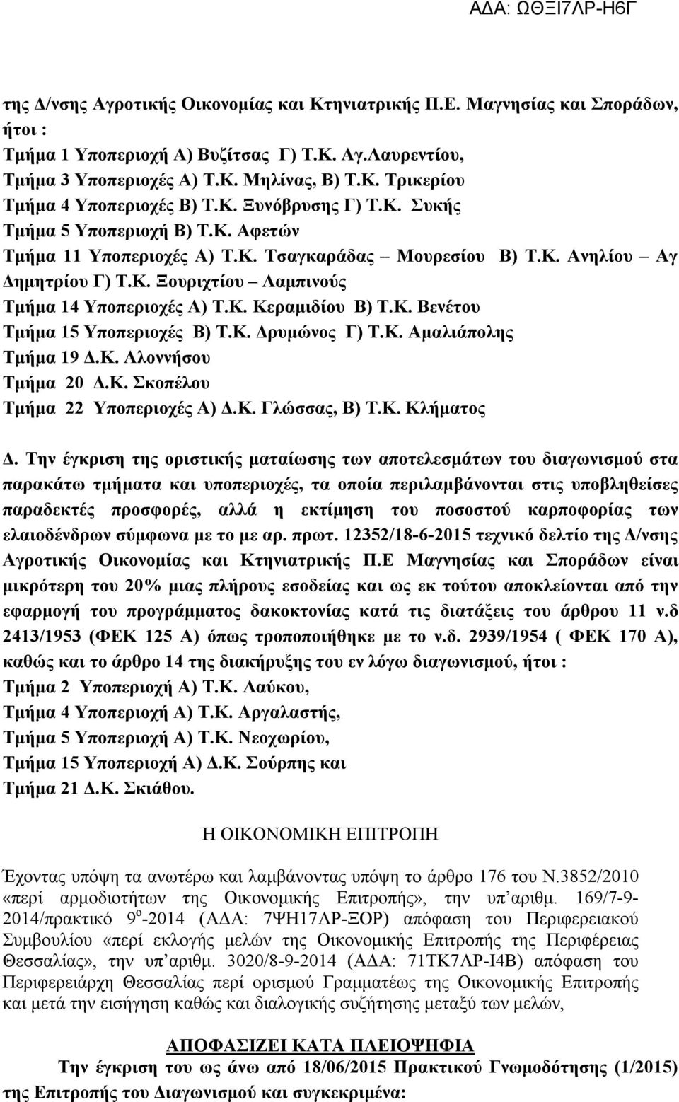 Κ. Βενέτου Τμήμα 15 Υποπεριοχές Β) Τ.Κ. Δρυμώνος Γ) Τ.Κ. Αμαλιάπολης Τμήμα 19 Δ.Κ. Αλοννήσου Τμήμα 20 Δ.Κ. Σκοπέλου Τμήμα 22 Υποπεριοχές Α) Δ.Κ. Γλώσσας, Β) Τ.Κ. Κλήματος Δ.