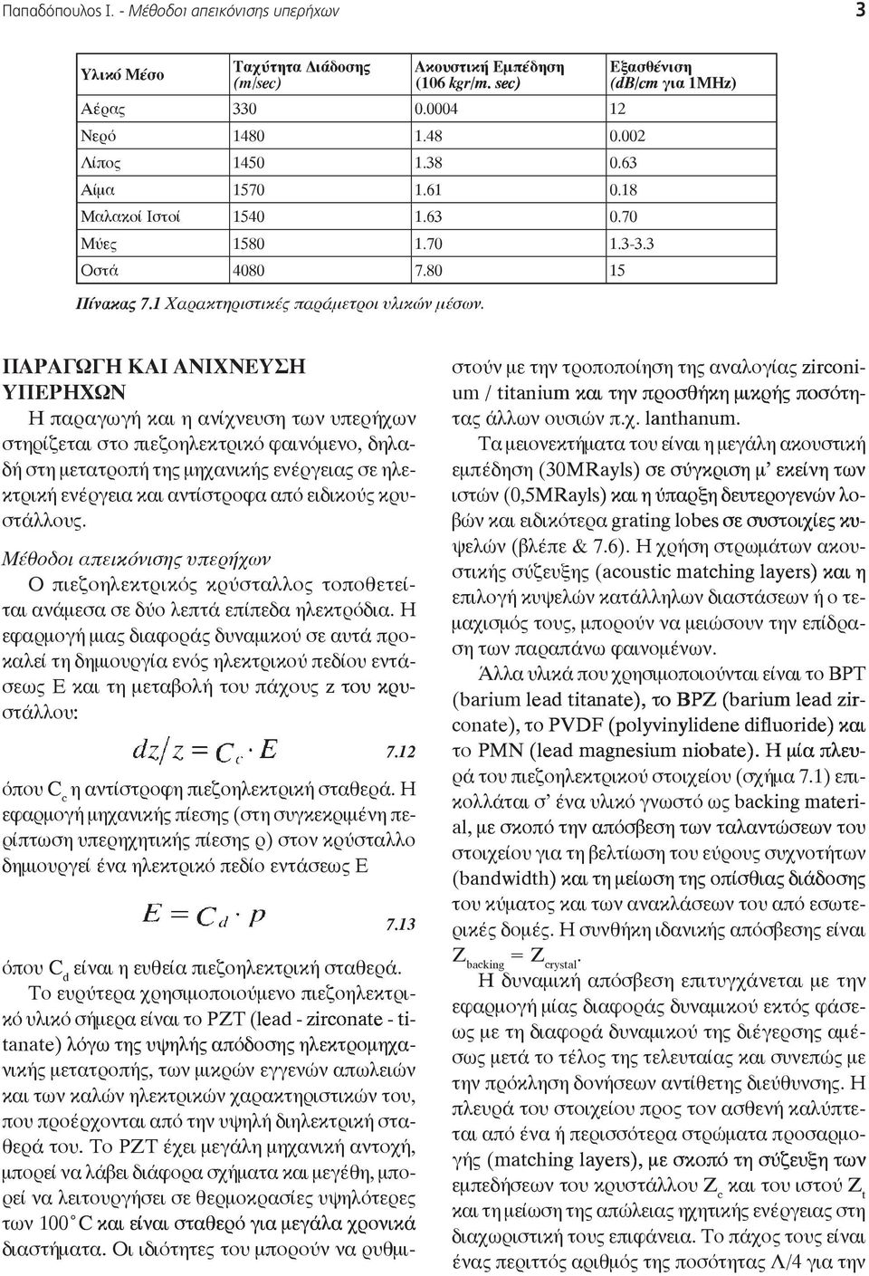 Εξασθένιση ( /cm /cm για 1ΜΗ z ) ΠΑΡΑΓΩΓΗ ΚΑΙ ΑΝΙΧΝΕΥΣΗ ΥΠΕΡΗΧΩΝ Η παραγωγή και η ανίχνευση των υπερήχων στηρίζεται στο πιεζοηλεκτρικό φαινόμενο, δηλα δή στη μετατροπή της μηχανικής ενέργειας σε ηλε