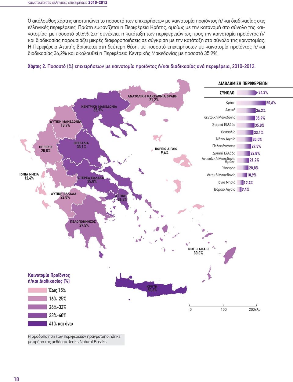 Στη συνέχεια, η κατάταξη των περιφερειών ως προς την καινοτομία προϊόντος ή/ και διαδικασίας παρουσιάζει μικρές διαφοροποιήσεις σε σύγκριση με την κατάταξη στο σύνολο της καινοτομίας.