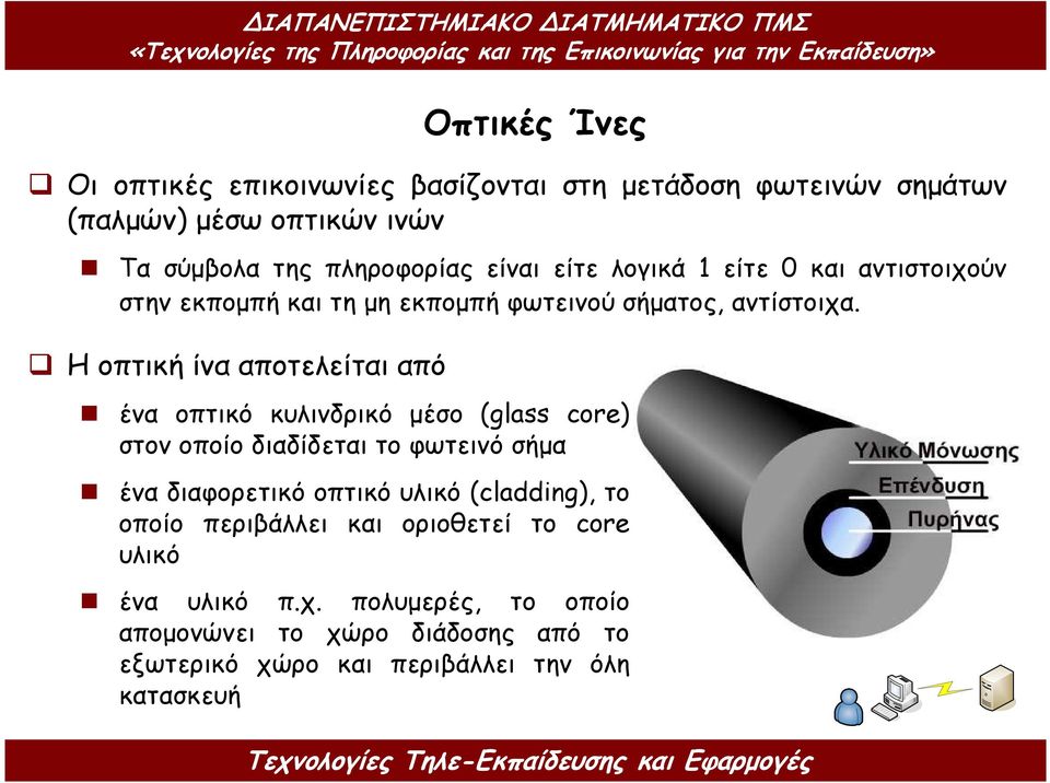 ένα οπτικό κυλινδρικό µέσο (glass core) στον οποίο διαδίδεται το φωτεινό σήµα ένα διαφορετικό οπτικό υλικό (cladding), το οποίο