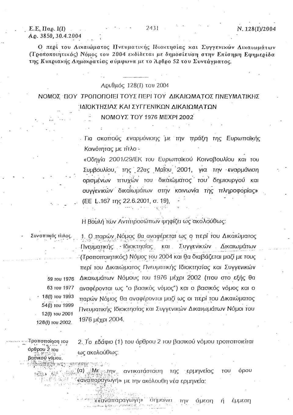 Αριθμός 128(Ι) του 2004 ΝΟΜΟΣ, ΠΟΥ ΤΡΟΠΟΠΟΙΕΙ ΤΟΥΣ ΠΕΡΙ ΤΟΥ ΔΙΚΑΙΩΜΑΤΟΣ ΠΝΕΥΜΑ Τ/ΚΗΣ ϊδτοκτησιασ ΚΑΙ ΣΥΠΕΝΙΚΩΝΔΙΚΑΙΩΜΑΤΩΝ ΝΟΜΟΥΣ ΤΟΥ 1976 ΜΕΧΡΙ2002 Για σκοπούς εναρμόνισης με την πράξη της Ευρωπαϊκής