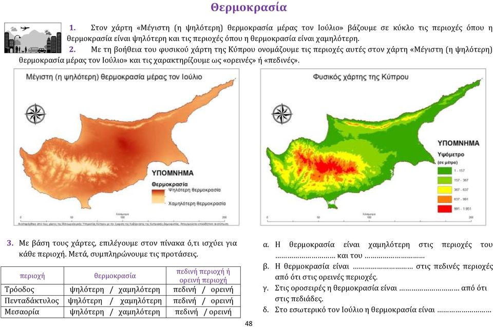 Με βάση τους χάρτες, επιλέγουμε στον πίνακα ό,τι ισχύει για κάθε περιοχή. Μετά, συμπληρώνουμε τις προτάσεις.