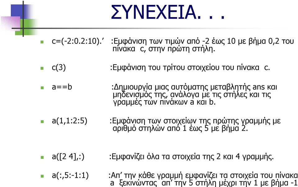 a==b :Δημιουργία μιας αυτόματης μεταβλητής ans και μηδενισμός της, ανάλογα με τις στήλες και τις γραμμές των πινάκων a και b.