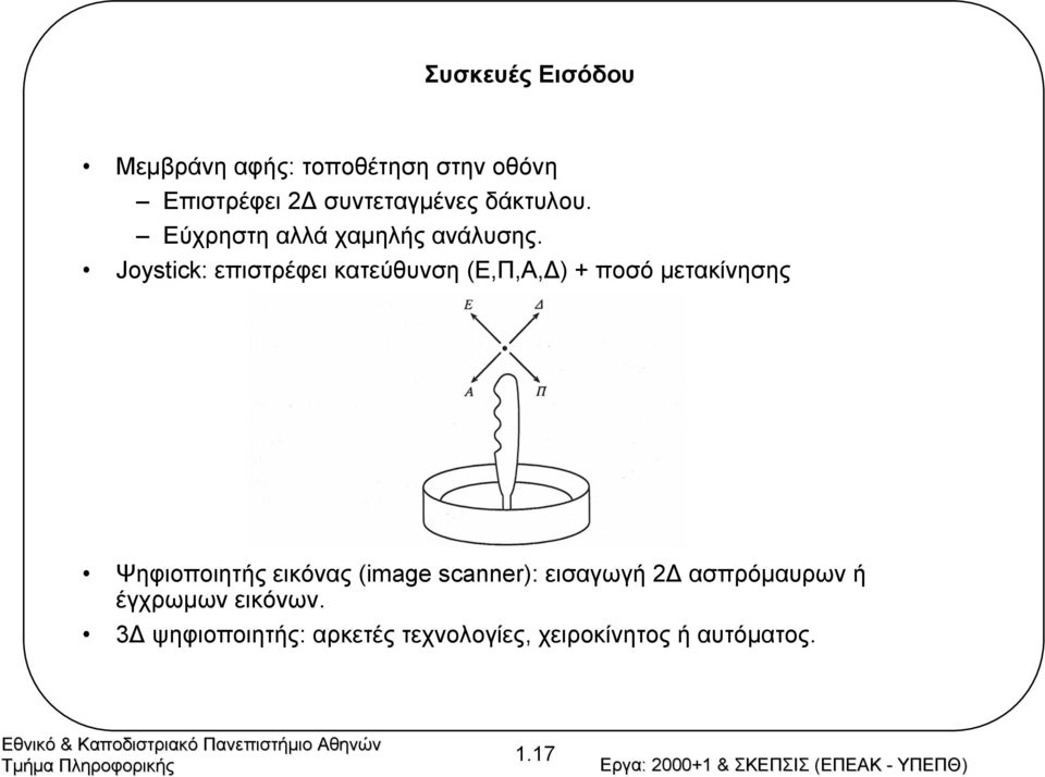 Joystick: επιστρέφει κατεύθυνση (Ε,Π,Α, ) + ποσό µετακίνησης Ψηφιοποιητής εικόνας