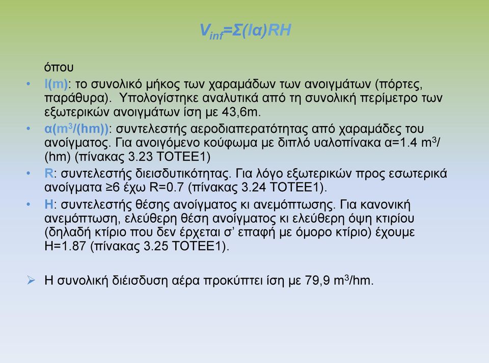 23 ΤΟΤΕΕ1) R: συντελεστής διεισδυτικότητας. Για λόγο εξωτερικών προς εσωτερικά ανοίγµατα 6 έχω R=0.7 (πίνακας 3.24 ΤΟΤΕΕ1). Η: συντελεστής θέσης ανοίγµατος κι ανεµόπτωσης.