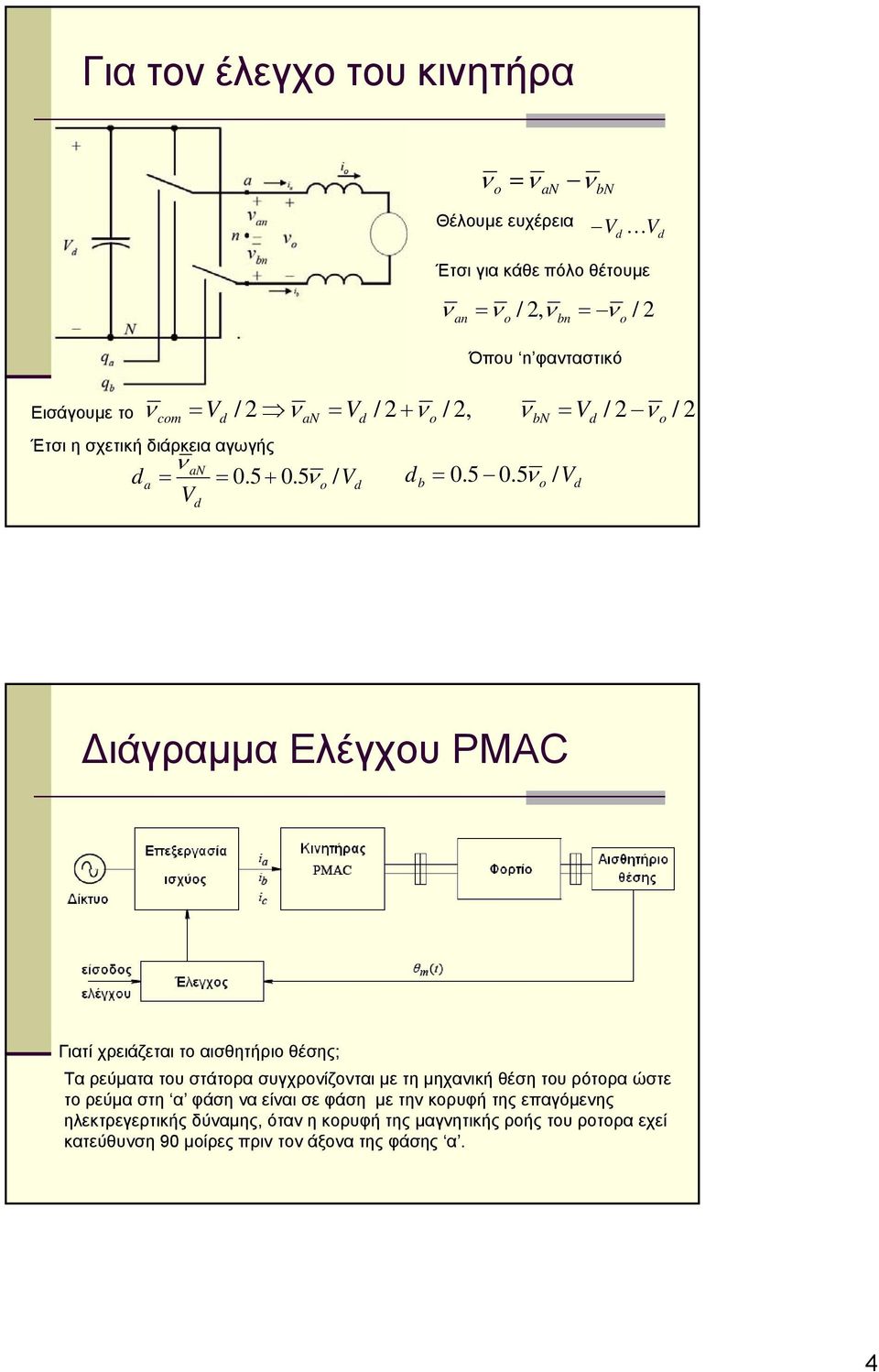 5ν o / Vd Vd Διάγραμμα Ελέγχου PMAC Γιατί χρειάζεται το αισθητήριο θέσης; Τα ρεύματα του στάτορα συγχρονίζονται με τη μηχανική θέση του ρότορα ώστε το ρεύμα