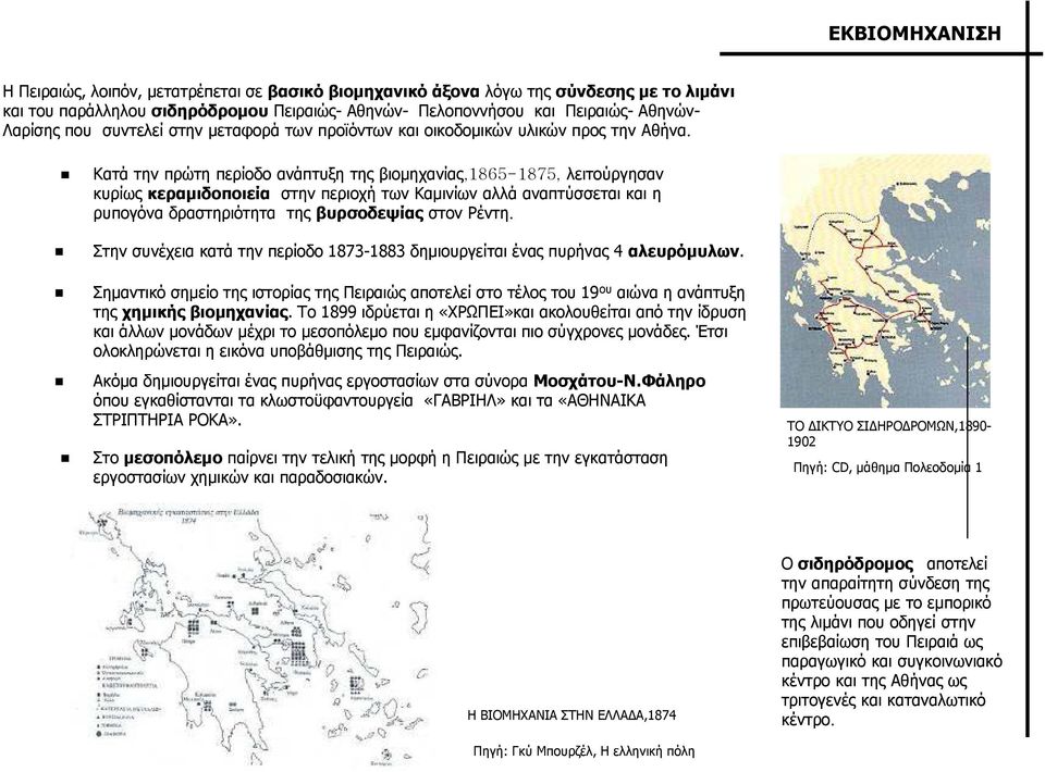 Κατά την πρώτη περίοδο ανάπτυξη της βιοµηχανίας,1865-1875, λειτούργησαν κυρίως κεραµιδοποιεία στην περιοχή των Καµινίων αλλά αναπτύσσεται και η ρυπογόνα δραστηριότητα της βυρσοδεψίας στον Ρέντη.