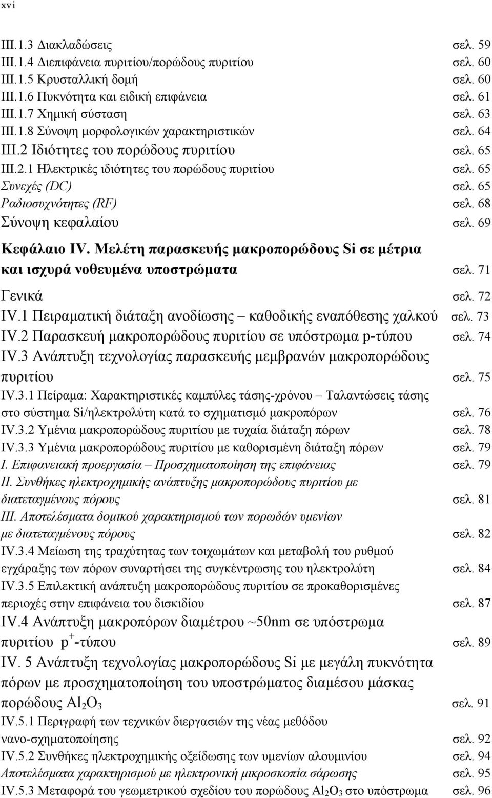 65 Ραδιοσυχνότητες (RF) σελ. 68 Σύνοψη κεφαλαίου σελ. 69 Κεφάλαιο IV. Μελέτη παρασκευής μακροπορώδους Si σε μέτρια και ισχυρά νοθευμένα υποστρώματα σελ. 71 Γενικά σελ. 72 ΙV.