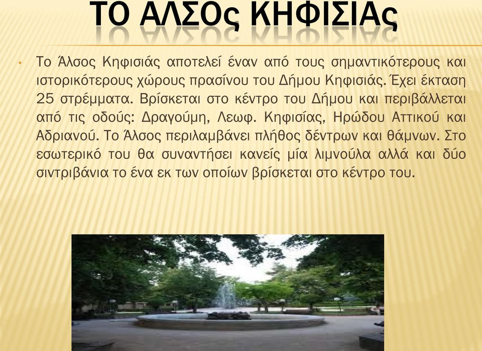 Βρίσκεται στο κέντρο του Δήμου και περιβάλλεται από τις οδούς: Δραγούμη, Λεωφ.