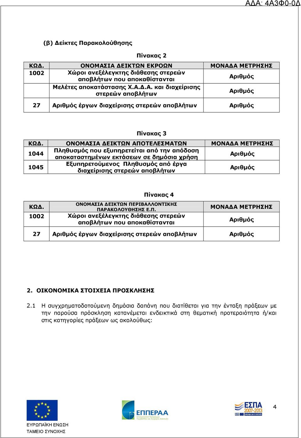 στερεών αποβλήτων Αριθµός Πίνακας 4 ΟΝΟΜΑΣΙΑ ΕΙΚΤΩΝ ΠΕΡΙΒΑΛΛΟΝΤΙΚΗΣ ΚΩ. ΠΑΡΑΚΟΛΟΥΘΗΣΗΣ Ε.Π. 1002 Χώροι ανεξέλεγκτης διάθεσης στερεών αποβλήτων που αποκαθίστανται ΜΟΝΑ Α ΜΕΤΡΗΣΗΣ Αριθµός 27 Αριθµός έργων διαχείρισης στερεών αποβλήτων Αριθµός 2.