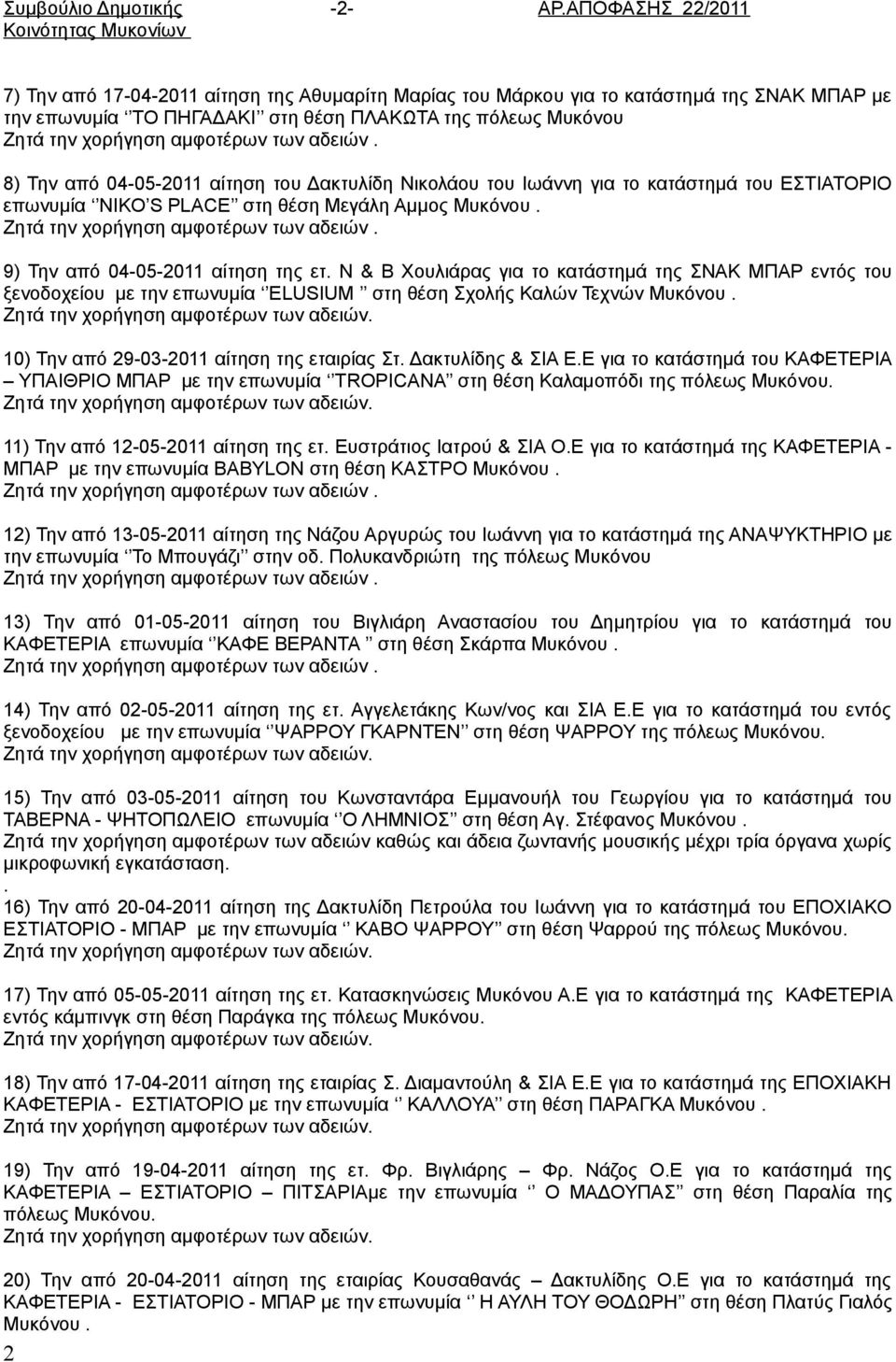 αίτηση του Δακτυλίδη Νικολάου του Ιωάννη για το κατάστημά του ΕΣΤΙΑΤΟΡΙΟ επωνυμία ΝΙΚΟ S PLACE στη θέση Μεγάλη Αμμος Μυκόνου. 9) Την από 04-05-2011 αίτηση της ετ.