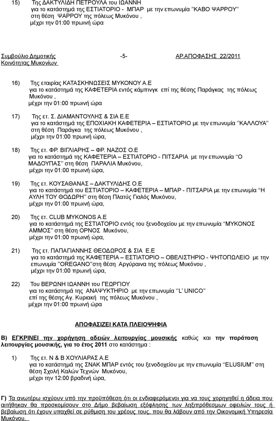 ΔΙΑΜΑΝΤΟΥΛΗΣ & ΣΙΑ Ε.Ε για το κατάστημά της ΕΠΟΧΙΑΚΗ ΚΑΦΕΤΕΡΙΑ ΕΣΤΙΑΤΟΡΙΟ με την επωνυμία ΚΑΛΛΟΥΑ στη θέση Παράγκα της πόλεως Μυκόνου, 18) Της ετ. ΦΡ. ΒΙΓΛΙΑΡΗΣ ΦΡ. ΝΑΖΟΣ Ο.