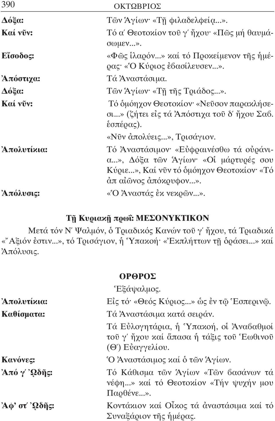 ..», ξα τ ν Αγίων «Ο µάρτυρές σου Κ ριε...», Καί ν ν τ µ ηχον Θεοτοκίον «Τ π α νος π κρυφον...». «Ο Αναστάς κ νεκρ ν...». Τ Κυριακ πρω : ΜΕΣΟΝΥΚΤΙΚΟΝ Μετά τ ν Ν Ψαλµ ν, Τριαδικ ς Κανών το γ χου, τά Τριαδικά «Αξι ν στιν.