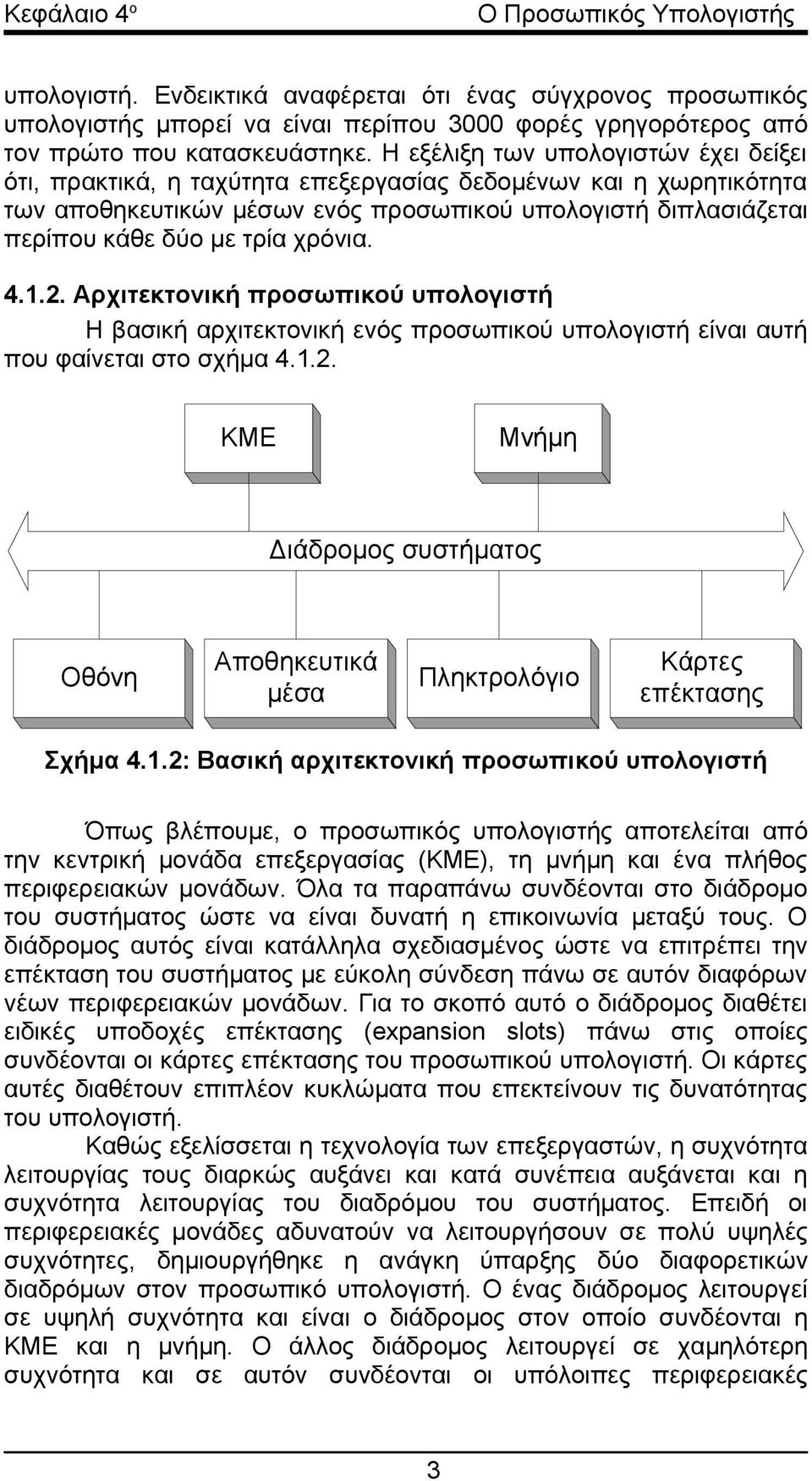χρόνια. 4.1.2. Αρχιτεκτονική προσωπικού υπολογιστή Η βασική αρχιτεκτονική ενός προσωπικού υπολογιστή είναι αυτή που φαίνεται στο σχήμα 4.1.2. ΚΜΕ Μνήμη Διάδρομος συστήματος Οθόνη Αποθηκευτικά μέσα Πληκτρολόγιο Κάρτες επέκτασης Σχήμα 4.