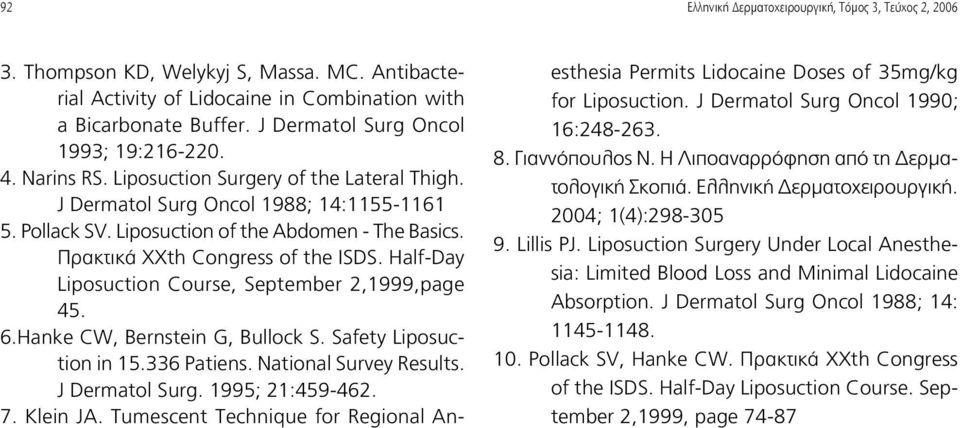 Πρακτικά XXth Congress of the ISDS. Half-Day Liposuction Course, September 2,1999,page 45. 6.Hanke CW, Bernstein G, Bullock S. Safety Liposuction in 15.336 Patiens. National Survey Results.