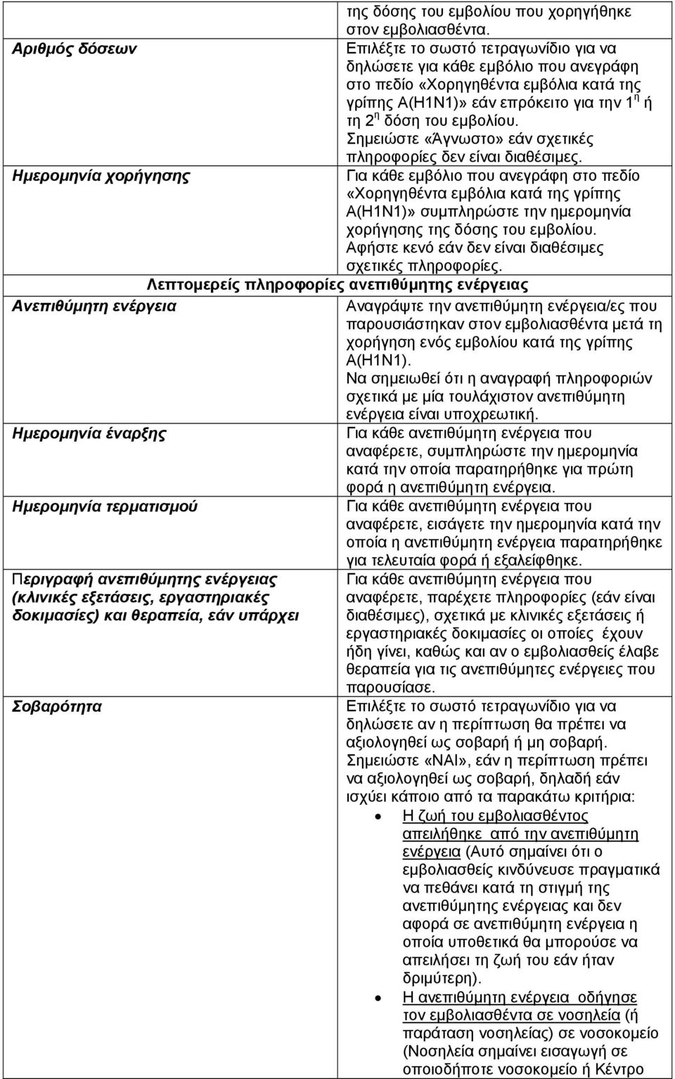 Σημειώστε «Άγνωστο» εάν σχετικές πληροφορίες δεν είναι διαθέσιμες. Ημερομηνία χορήγησης Α(H1N1)» συμπληρώστε την ημερομηνία χορήγησης της δόσης του εμβολίου.