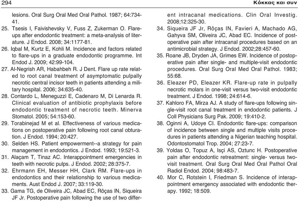 J Dent. Flare up rate related to root canal treatment of asymptomatic pulpally necrotic central incisor teeth in patients attending a military hospital. 2006; 34:635-40. 28.