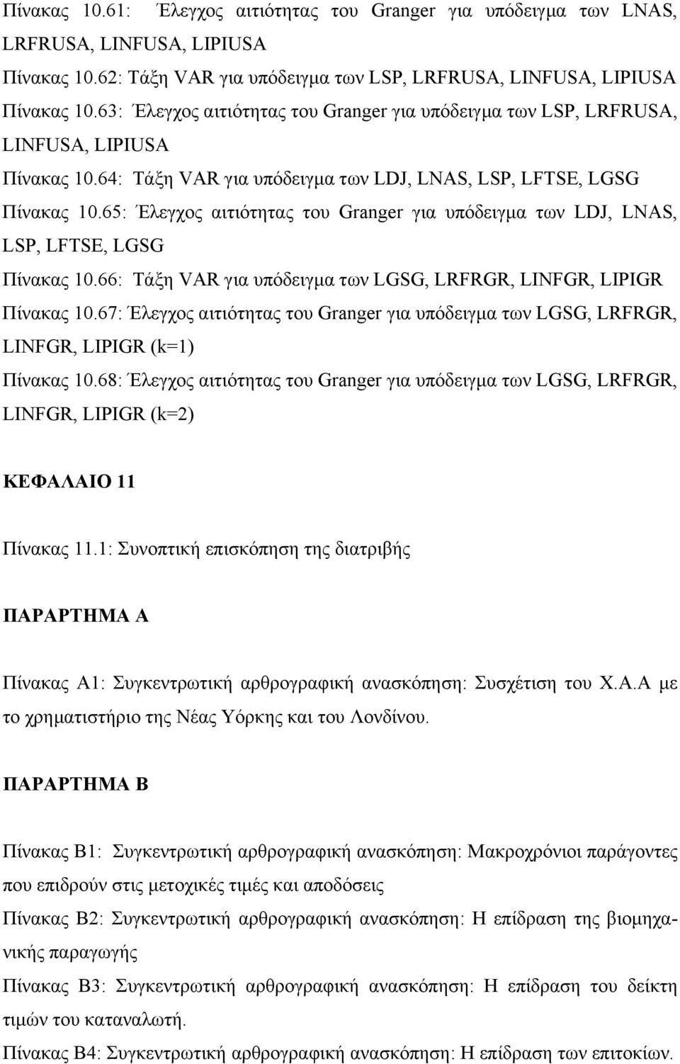 65: Έλεγχος αιτιότητας του Granger για υπόδειγµα των LDJ, LNAS, LSP, LFTSE, LGSG Πίνακας 10.66: Τάξη VAR για υπόδειγµα των LGSG, LRFRGR, LINFGR, LIPIGR Πίνακας 10.