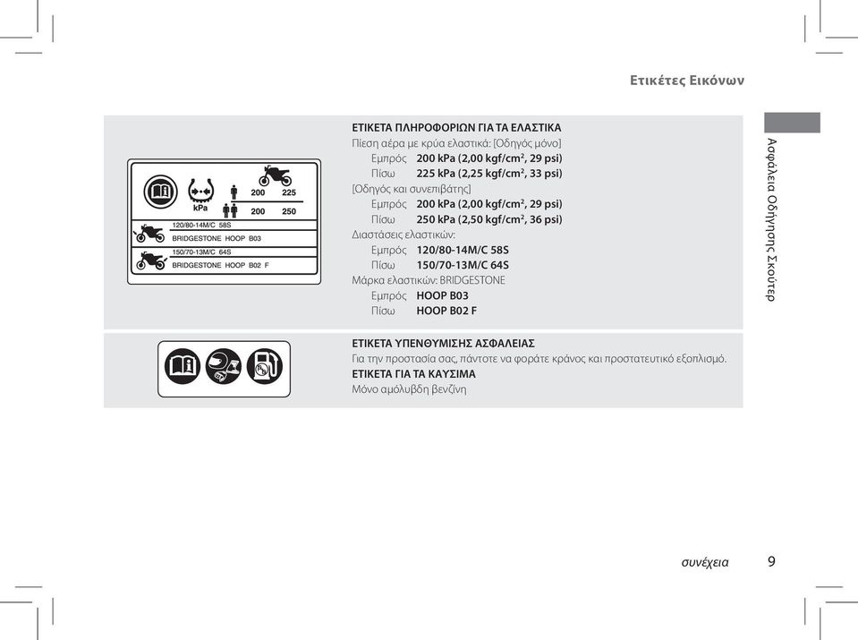 Εμπρός 120/80-14M/C 58S Πίσω 150/70-13M/C 64S Μάρκα ελαστικών: BRIDGESTONE Εμπρός HOOP B03 Πίσω HOOP B02 F Ασφάλεια Οδήγησης Σκούτερ ΕΤΙΚΕΤΑ