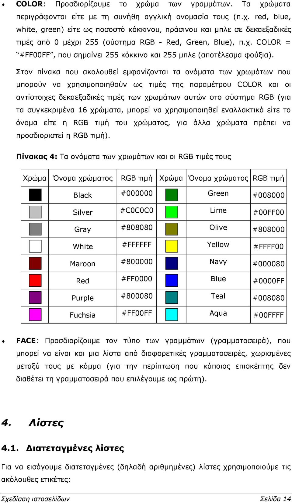 Στον πίνακα που ακολουθεί εμφανίζονται τα ονόματα των χρωμάτων που μπορούν να χρησιμοποιηθούν ως τιμές της παραμέτρου COLOR και οι αντίστοιχες δεκαεξαδικές τιμές των χρωμάτων αυτών στο σύστημα RGB