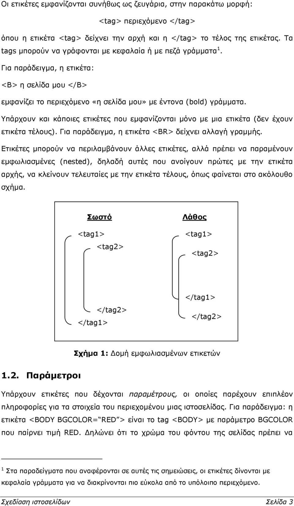 Υπάρχουν και κάποιες ετικέτες που εμφανίζονται μόνο με μια ετικέτα (δεν έχουν ετικέτα τέλους). Για παράδειγμα, η ετικέτα <BR> δείχνει αλλαγή γραμμής.