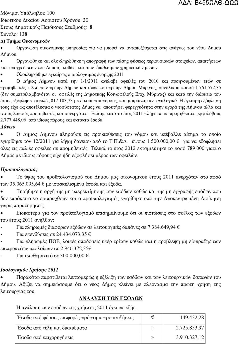 Ολοκληρώθηκε εγκαίρως ο ισολογισμός έναρξης 0 Ο Δήμος Λήμνου κατά την //0 ανέλαβε οφειλές του 00 και προηγουμένων ετών σε προμηθευτές κ.λ.π. των πρώην Δήμων και ιδίως του πρώην Δήμου Μύρινας, συνολικού ποσού.