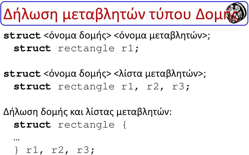 <λίστα μεταβλητών>; struct rectangle r1, r2, r3; Δήλωση