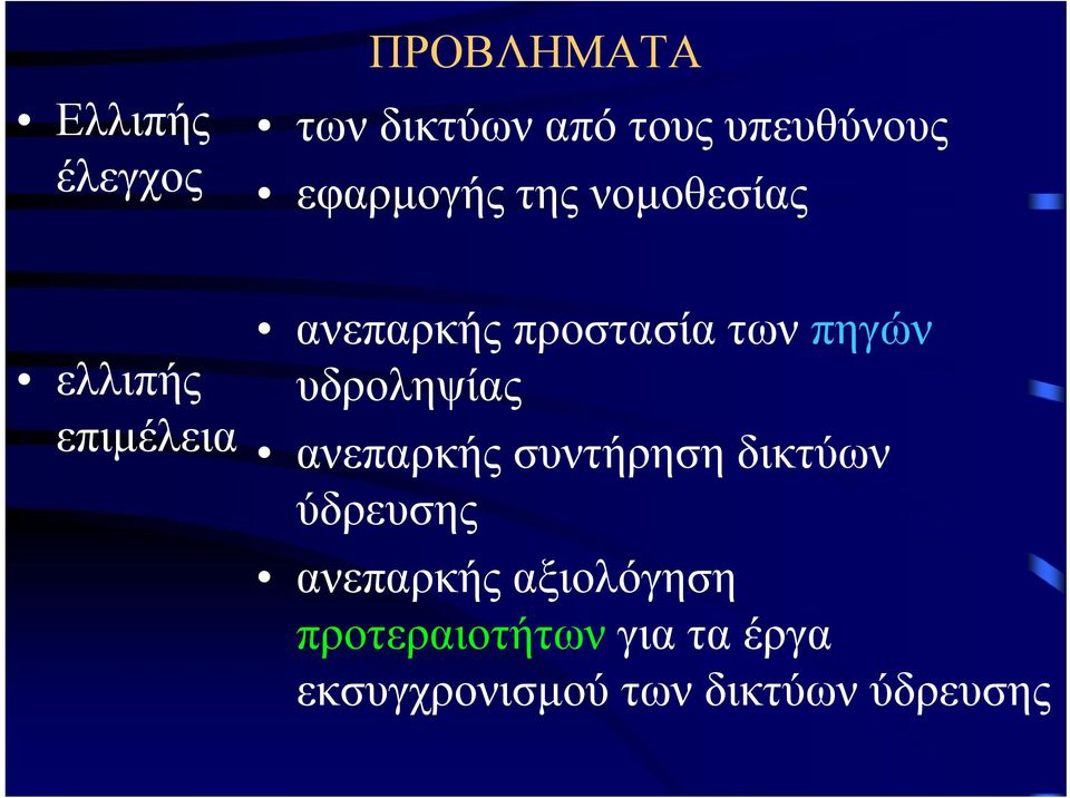 των πηγών υδροληψίας ανεπαρκής συντήρηση δικτύων ύδρευσης