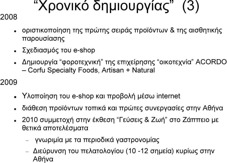 και προβολή μέσω internet διάθεση προϊόντων τοπικά και πρώτες συνεργασίες στην Αθήνα 2010 συμμετοχή στην έκθεση Γεύσεις & Ζωή