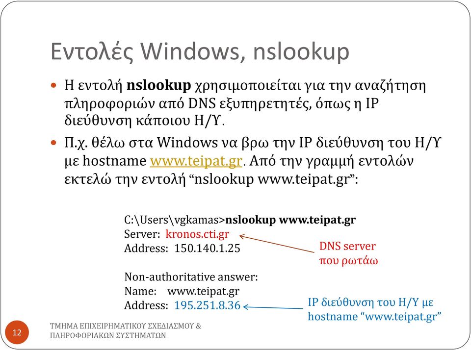Από την γραμμή εντολών εκτελώ την εντολή nslookup www.teipat.gr : 12 C:\Users\vgkamas>nslookup www.teipat.gr Server: kronos.cti.