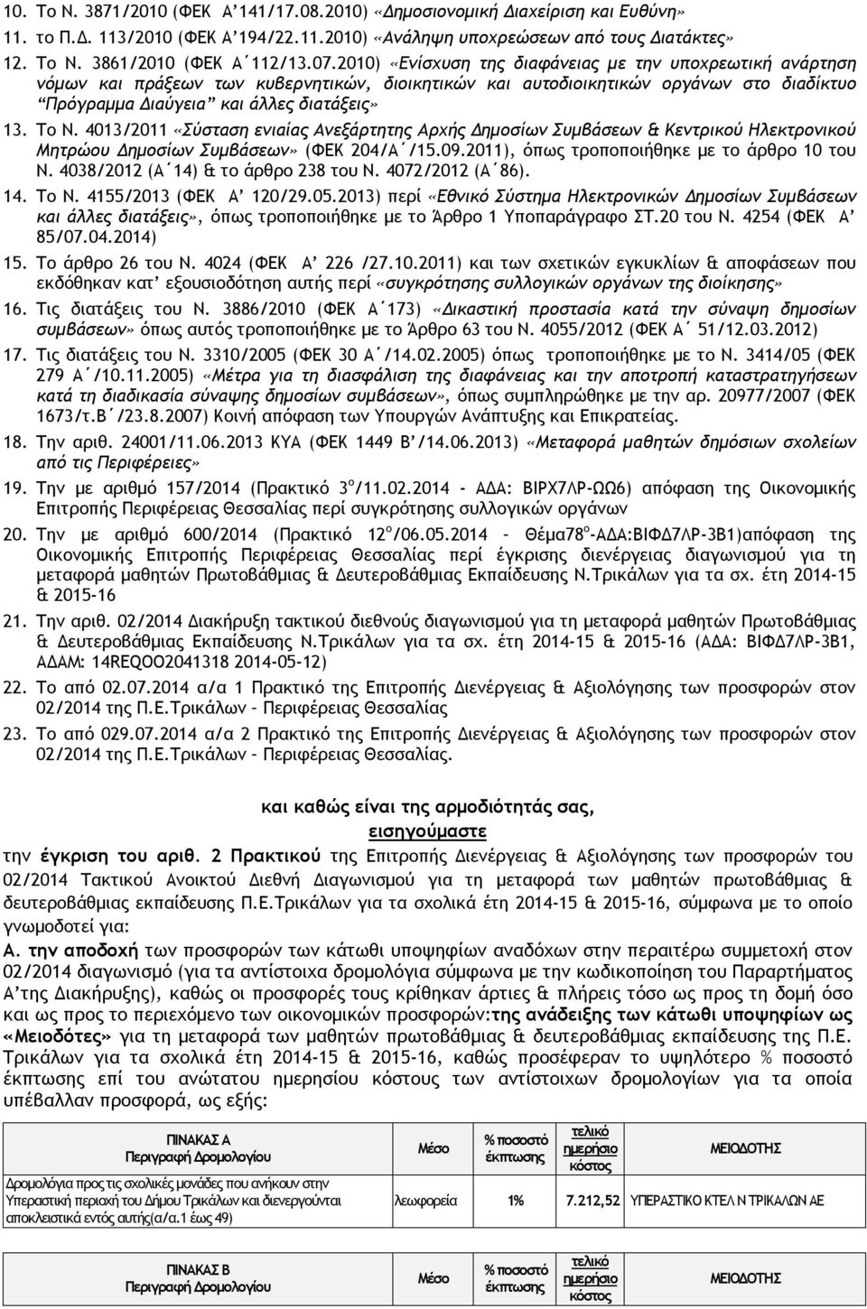 Το Ν. 4013/2011 «Σύσταση ενιαίας Ανεξάρτητης Αρχής Δημοσίων Συμβάσεων & Κεντρικού Ηλεκτρονικού Μητρώου Δημοσίων Συμβάσεων» (ΦΕΚ 204/Α /15.09.2011), όπως τροποποιήθηκε με το άρθρο 10 του Ν.