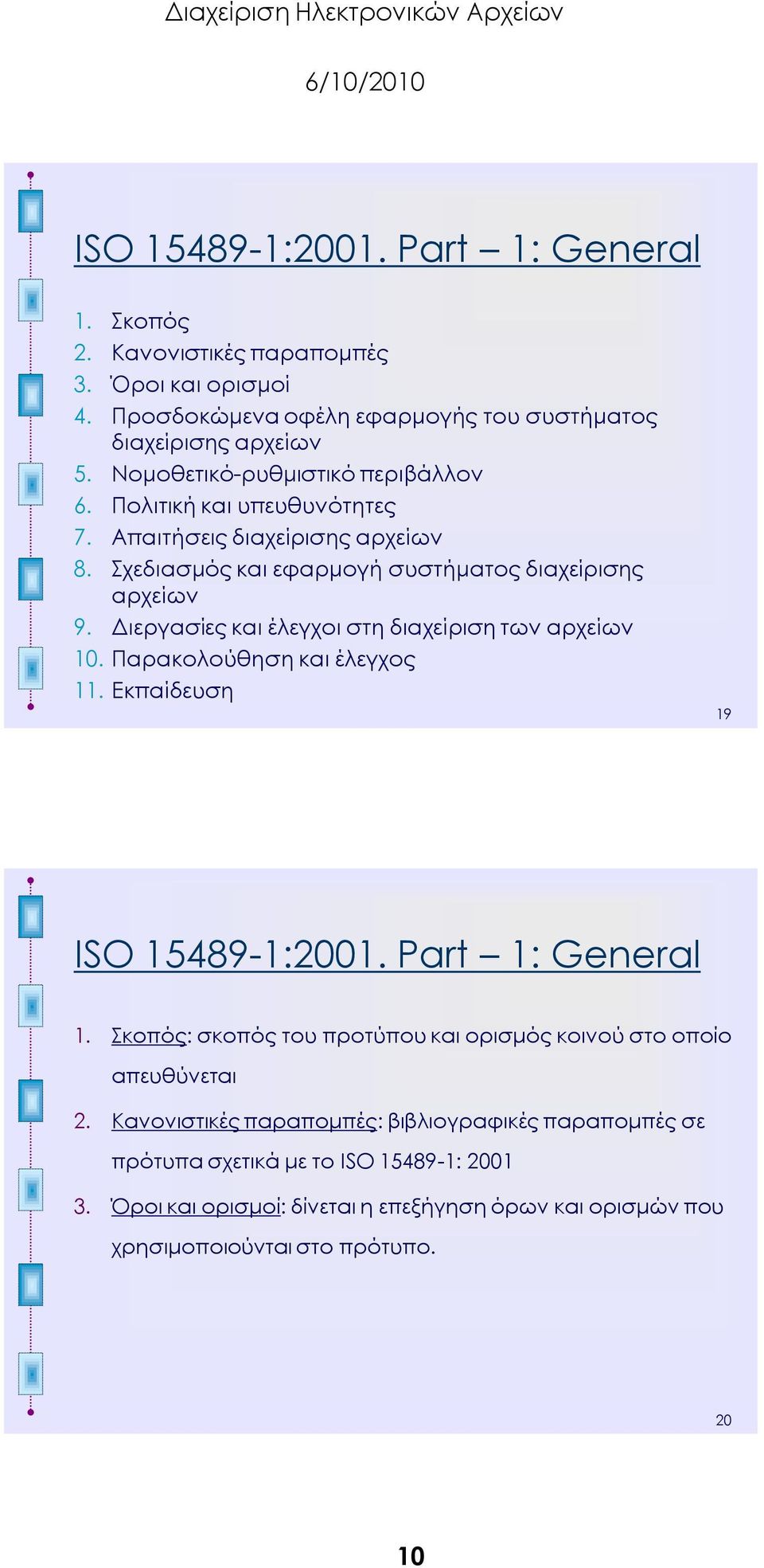 Διεργασίες και έλεγχοι στη διαχείριση των αρχείων 10. Παρακολούθηση και έλεγχος 11. Εκπαίδευση 19 ISO 15489-1:2001. Part 1: General 1.