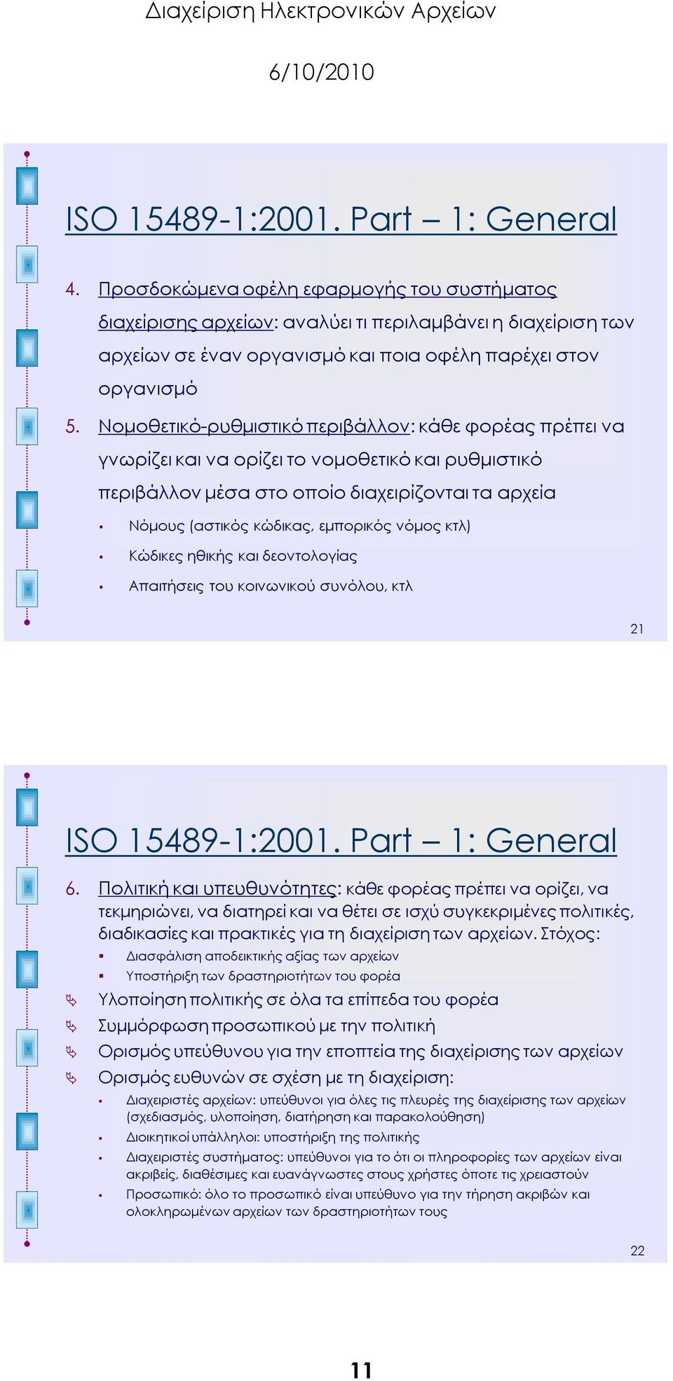 Νομοθετικό-ρυθμιστικό περιβάλλον: κάθε φορέας πρέπει να γνωρίζει και να ορίζει το νομοθετικό και ρυθμιστικό περιβάλλον μέσα στο οποίο διαχειρίζονται τα αρχεία Νόμους (αστικός κώδικας, εμπορικός νόμος