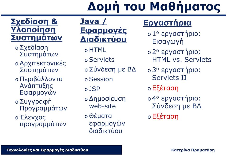 Σύνδεση με ΒΔ o Session o JSP o Δημοσίευση web-site o Θέματα εφαρμογών διαδικτύου Εργαστήρια o 1 ο εργαστήριο: