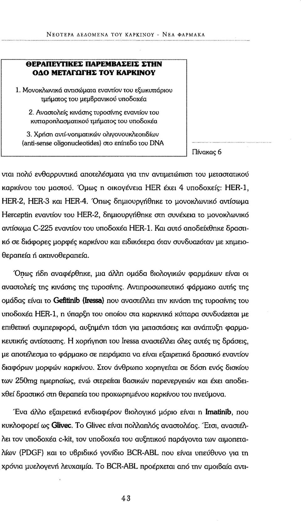 Χρήση ανιί-νοηματικών ολιγονουκλεσπδίων (anti-sense oligonucleotides) στο επίπεδο του DNA Πίνακας 6 νται πολύ ενθαρρυντικά αποτελέσματα για την αντιμετώπιση του μεταστατικού καρκίνου του μαστού.