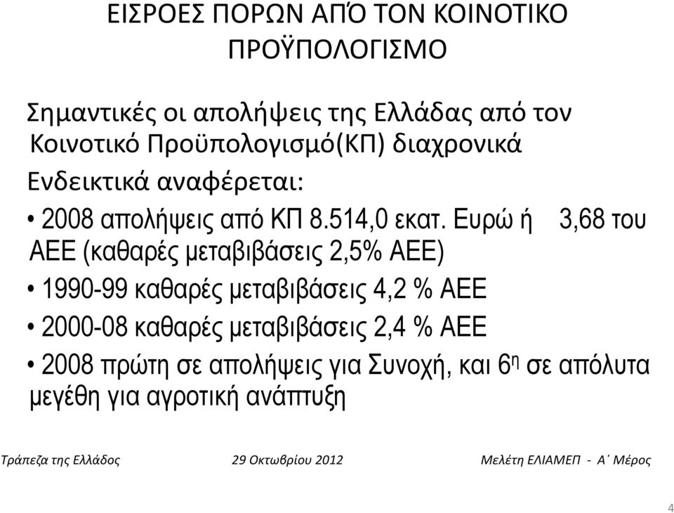 Ευρώ ή 3,68 του ΑΕΕ (καθαρές µεταβιβάσεις 25% 2,5% ΑΕΕ) 1990-99 καθαρές µεταβιβάσεις 4,2 % ΑΕΕ 2000-0808