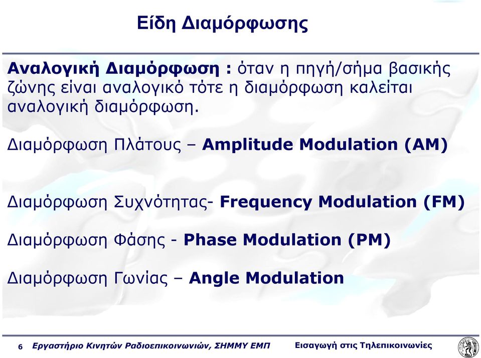 ιαµόρφωση Πλάτους Amplitude Μodulation (AM) ιαµόρφωση Συχνότητας- Frequency Μodulation (FM)