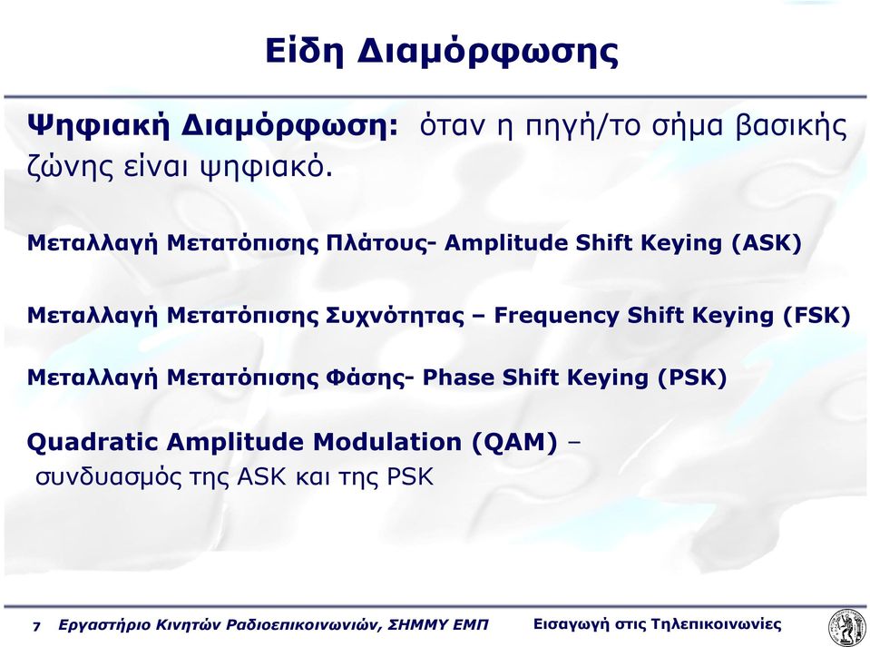 Frequency Shift Keying (FSK) Μεταλλαγή Μετατόπισης Φάσης- Phase Shift Keying (PSK) Quadratic