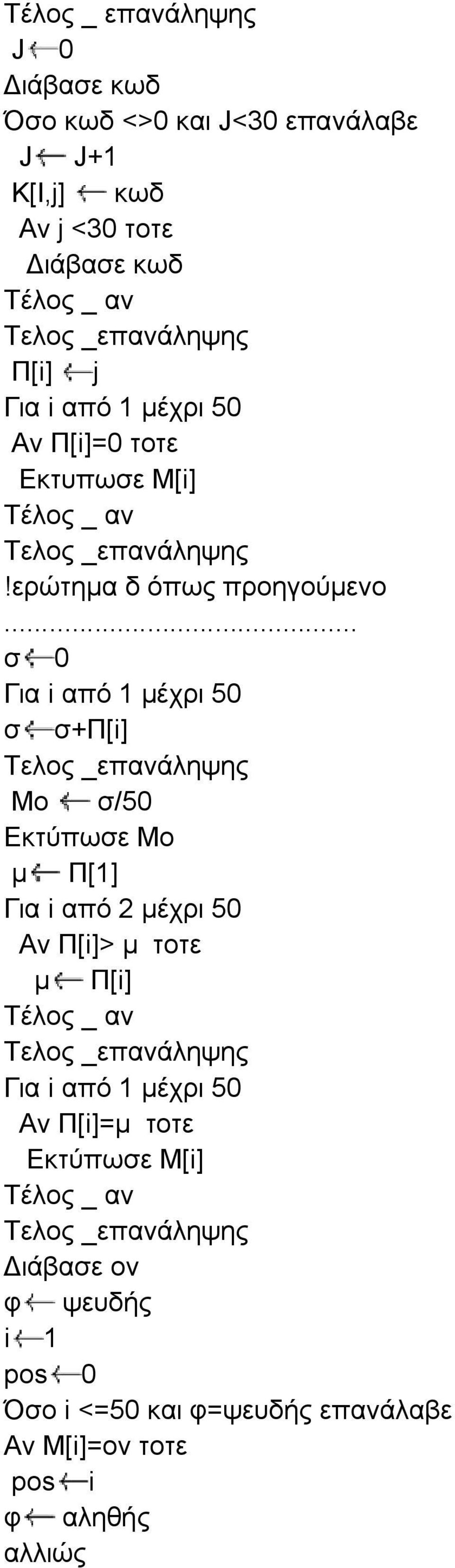 .. σ 0 Για i από 1 μέχρι 50 σ σ+π[i] Mo σ/50 Εκτύπωσε Μο μ Π[1] Για i από 2 μέχρι 50 Αν Π[i]> μ τοτε μ Π[i] Για