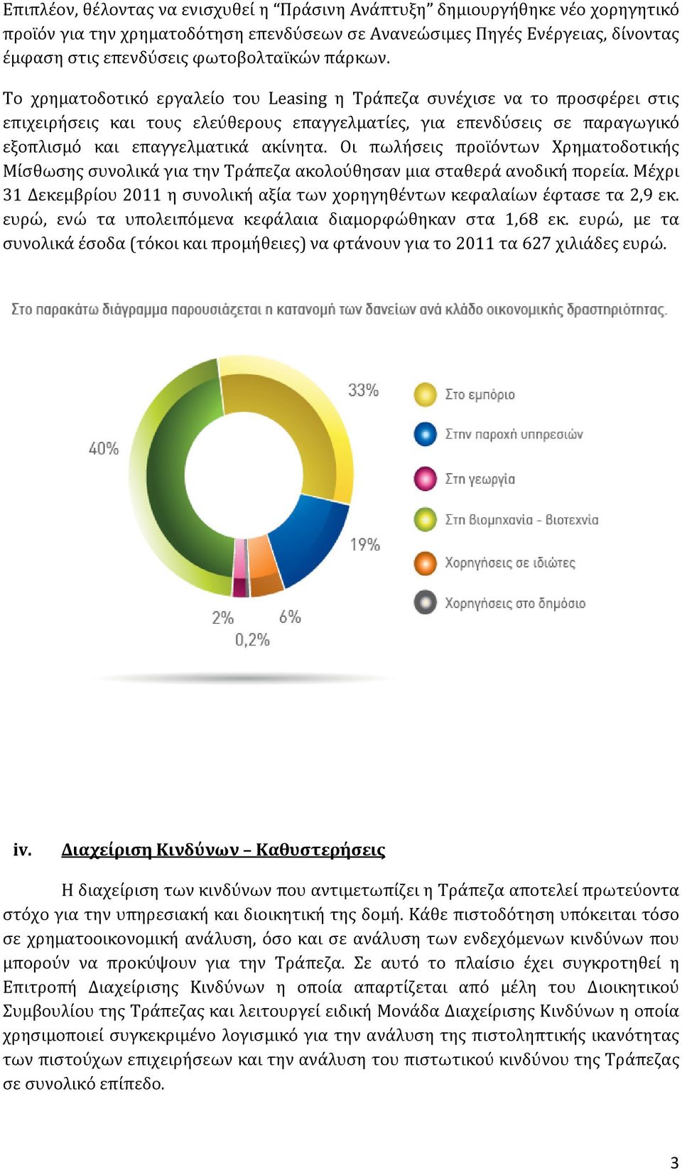 Οι πωλήσεις προϊόντων Χρηματοδοτικής Μίσθωσης συνολικά για την Τράπεζα ακολούθησαν μια σταθερά ανοδική πορεία. Μέχρι 31 Δεκεμβρίου 2011 η συνολική αξία των χορηγηθέντων κεφαλαίων έφτασε τα 2,9 εκ.