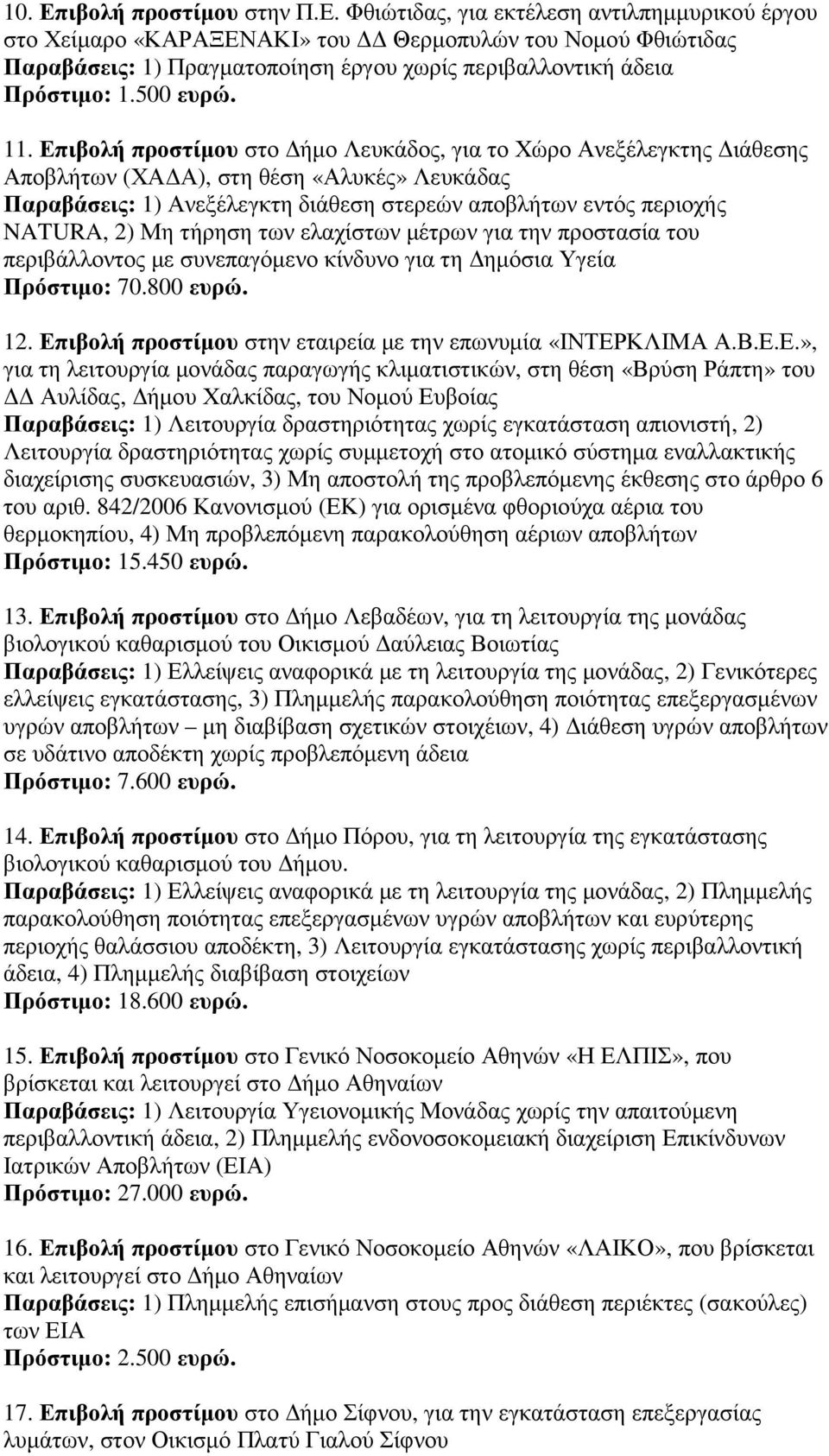 Επιβολή προστίµου στο ήµο Λευκάδος, για το Χώρο Ανεξέλεγκτης ιάθεσης Αποβλήτων (ΧΑ Α), στη θέση «Αλυκές» Λευκάδας Παραβάσεις: 1) Ανεξέλεγκτη διάθεση στερεών αποβλήτων εντός περιοχής NATURA, 2) Μη