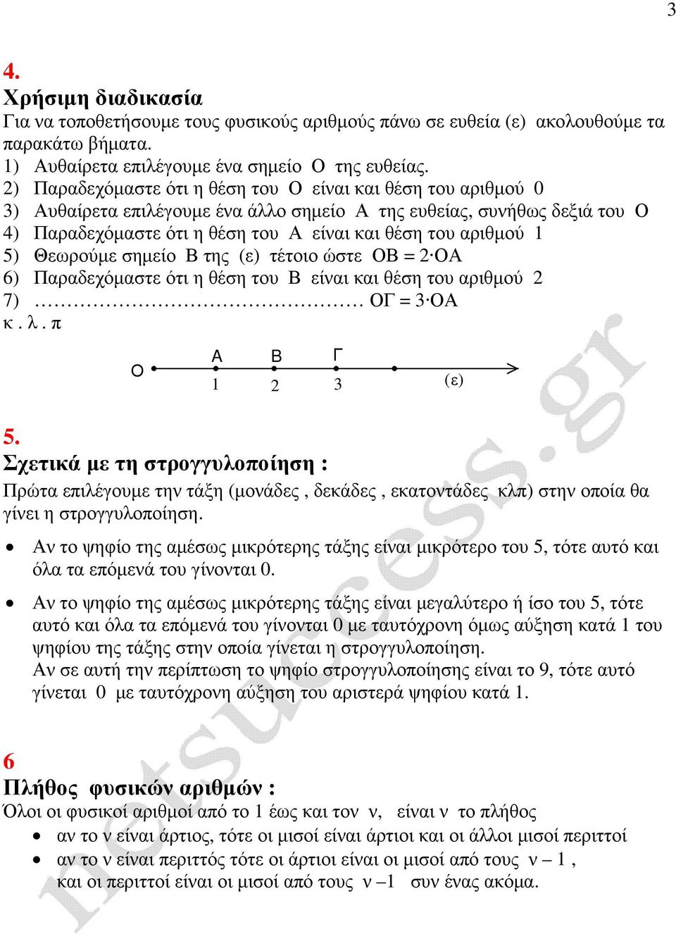 1 5) Θεωρούµε σηµείο Β της (ε) τέτοιο ώστε ΟΒ = 2 ΟΑ 6) Παραδεχόµαστε ότι η θέση του Β είναι και θέση του αριθµού 2 7) ΟΓ = 3 ΟΑ κ. λ. π Ο A B Γ 1 2 3 (ε) 5.