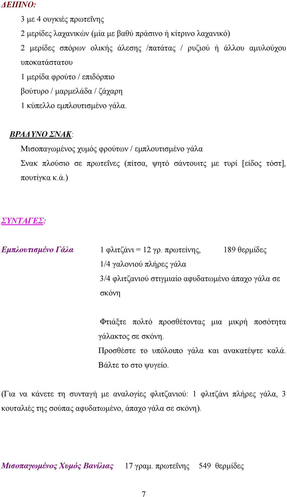 ΒΡΑΔΥΝΟ ΣΝΑΚ: Μισοπαγωμένος χυμός φρούτων / εμπλουτισμένο γάλα Σνακ πλούσιο σε πρωτεΐνες (πίτσα, ψητό σάντουιτς με τυρί [είδος τόστ], πουτίγκα κ.ά.) ΣΥΝΤΑΓΕΣ: Εμπλουτισμένο Γάλα 1 φλιτζάνι = 12 γρ.