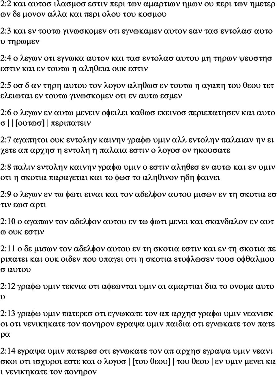 οτι εν αυτω εσμεν 2:6 ο λεγων εν αυτω μενειν οφειλει καθωσ εκεινοσ περιεπατησεν και αυτο σ [ουτωσ] περιπατειν 2:7 αγαπητοι ουκ εντολην καινην γραφω υμιν αλλ εντολην παλαιαν ην ει χετε απ αρχησ η