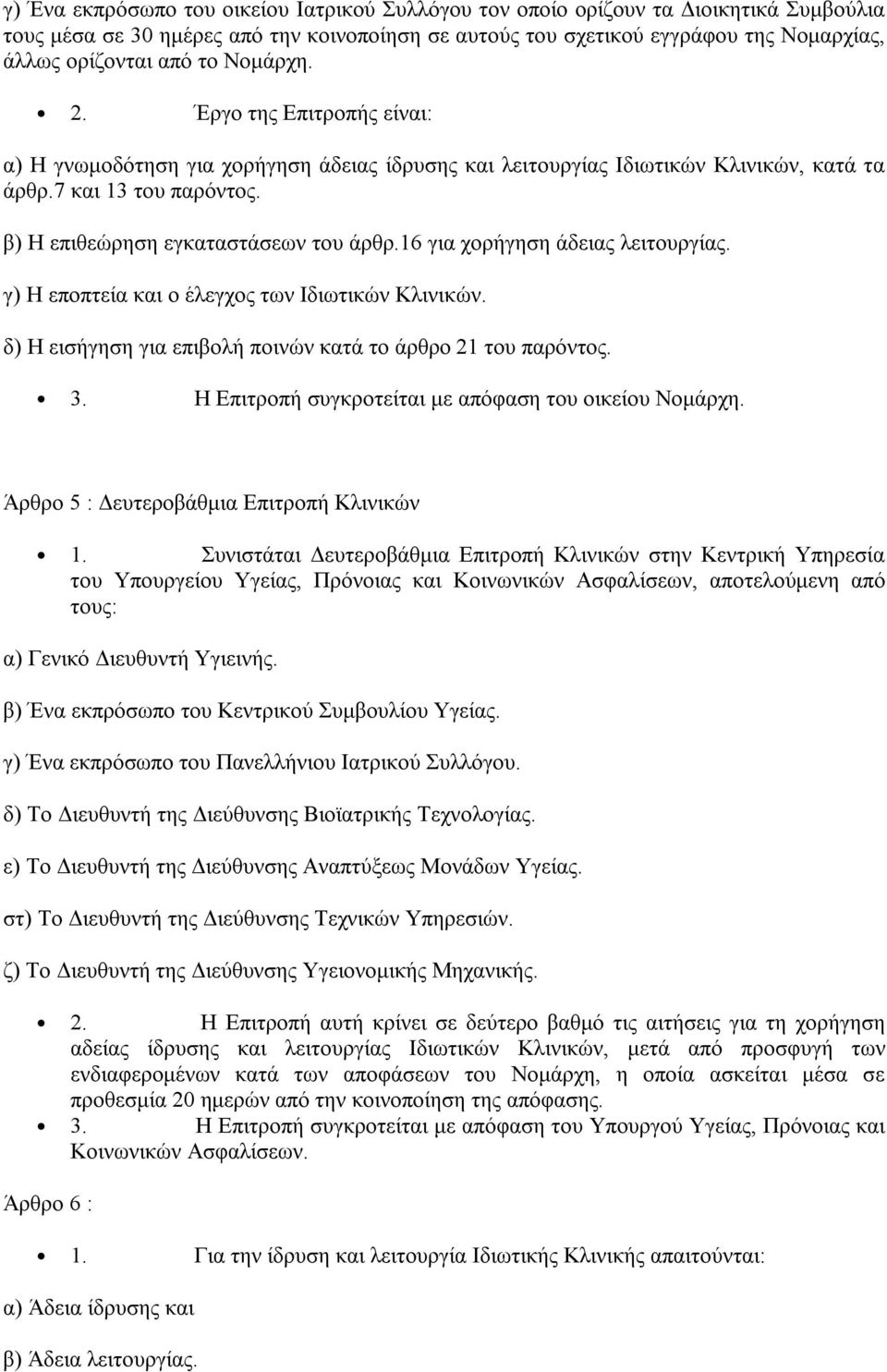 16 για χορήγηση άδειας λειτουργίας. γ) Η εποπτεία και ο έλεγχος των Ιδιωτικών Κλινικών. δ) Η εισήγηση για επιβολή ποινών κατά το άρθρο 21 του παρόντος. 3.