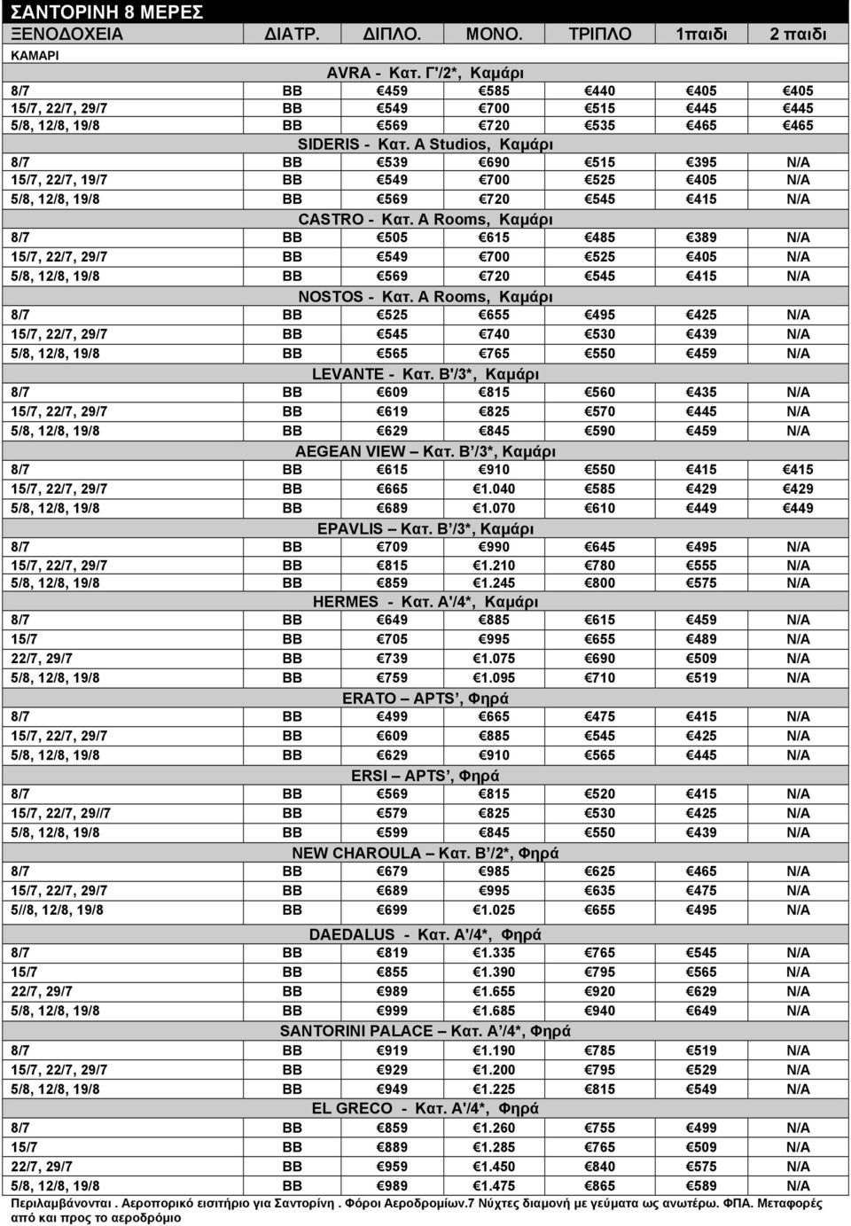 A Rooms, Καμάρι 8/7 BB 505 615 485 389 N/A 15/7, 22/7, 29/7 BB 549 700 525 405 N/A 5/8, 12/8, 19/8 BB 569 720 545 415 N/A NOSTOS - Κατ.